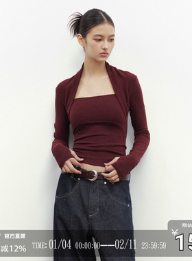 CODICE LAB 竹节纹坎肩长袖假两件修身显瘦百搭质感打底上衣