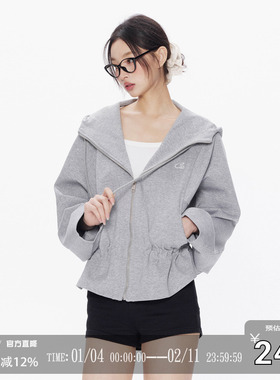 CODICE LAB 空气层可调节抽褶花苞边收腰连帽卫衣宽松短款上衣