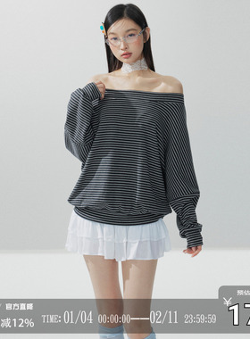 CODICE LAB 黑色条纹一字肩斜肩堆叠两穿卫衣性感韩系宽松舒适女