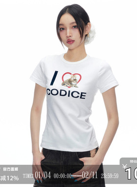 CODICE 复古美式可爱小猫印花短袖T恤女夏季辣妹修身显瘦正肩上衣