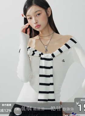 CODICE LAB 条纹拼接水手领设计感一字肩修身显瘦长袖打底上衣女