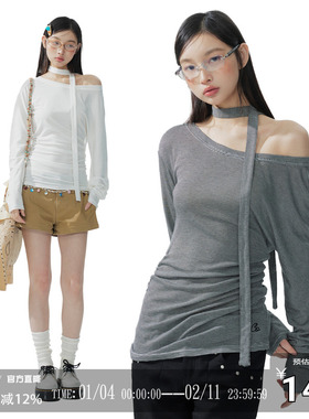 CODICE LAB 莱赛尔混纺一字肩斜肩绑带挂脖韩系性感显瘦上衣长袖