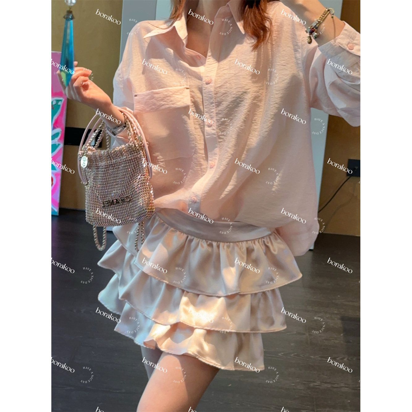 【BORAKOO】香槟粉珠光感木耳边蛋糕裤裙（含防走光）