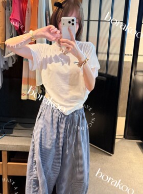 【BORAKOO】藏蓝色格纹脚口蝴蝶结抽绳松紧腰弯刀阔腿裤