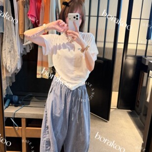 【BORAKOO】藏蓝色格纹脚口蝴蝶结抽绳松紧腰弯刀阔腿裤