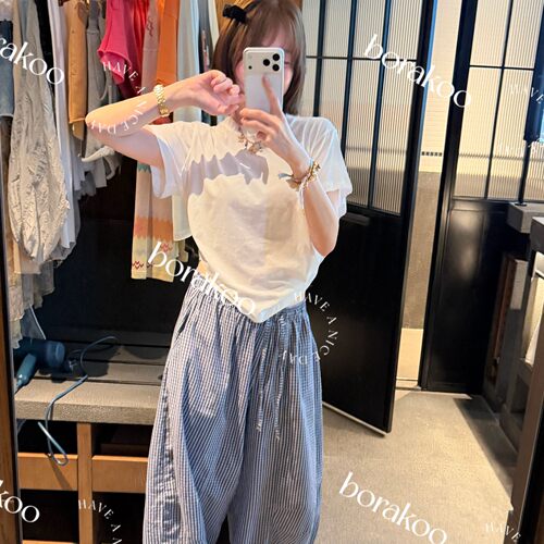 【BORAKOO】藏蓝色格纹脚口蝴蝶结抽绳松紧腰弯刀阔腿裤