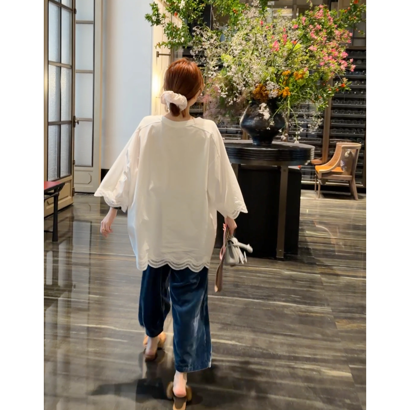 【BORAKOO】白色蕾丝钩花拼接七分袖T恤