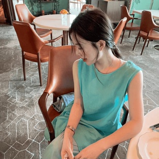 【BORAKOO】蓝色小A摆后背抽绳显瘦麻棉连衣裙