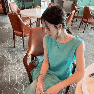 显瘦后背抽绳小A摆蓝色麻棉