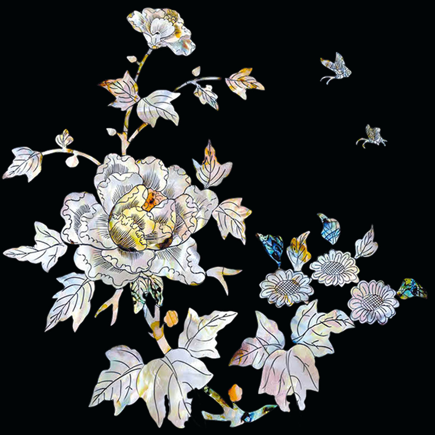 水移画仿螺钿鸳鸯花鸟家具乐器装饰画古筝鼓凳水转印中式贝壳贴纸