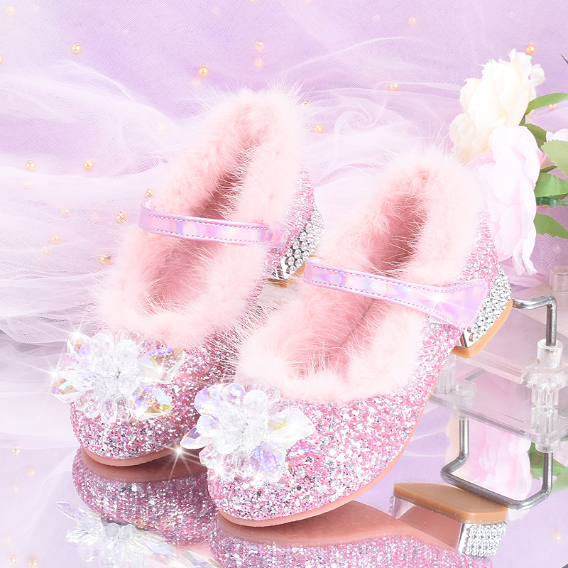 秋冬加绒保暖儿童高跟鞋玻璃水钻爱莎公主水晶鞋柔软女孩棉鞋