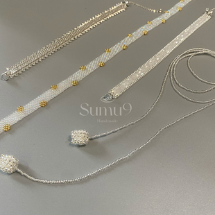 银色流光清冷感进口古董珠戒指手链颈链串珠编织蕾丝项链首饰女