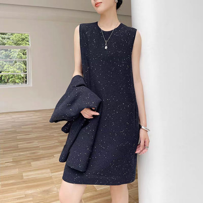 26春季气质轻奢细闪亮片醋酸羊毛高级感无袖直身连衣裙套装25735