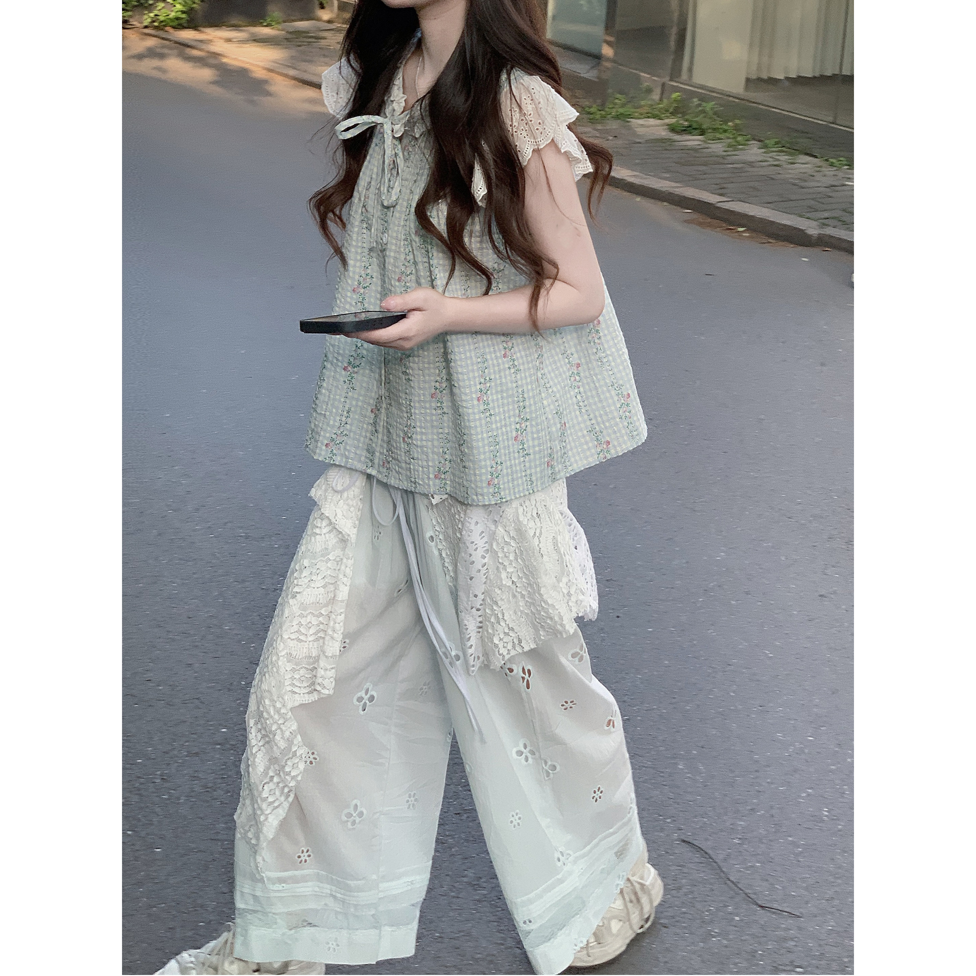 【WASEI水冰冰】甜美减龄蕾丝拼接碎花衬衫镂空阔腿休闲裤套装女