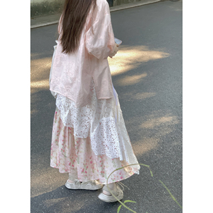 叠穿蕾丝屁帘碎花半身裙套装 WASEI水冰冰 粉色甜美温柔风小衫
