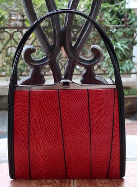 极简和风日本黑色光面小牛皮搭配红色真正蜥蜴皮定制五金件手提包