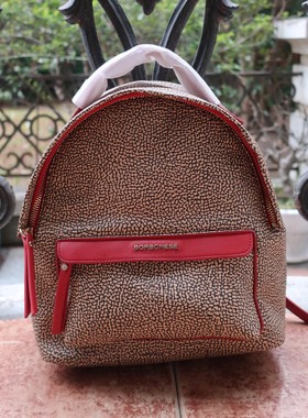 意大利匠心老牌棕色系斑鸠纹PVC拼接红色皮革设计感小号双肩背包