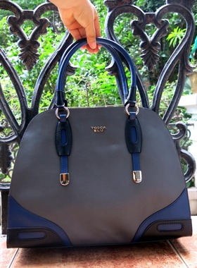 买一送一意大利Tand Blu蓝灰撞色硬牛皮配别致五金件手提款贝壳包