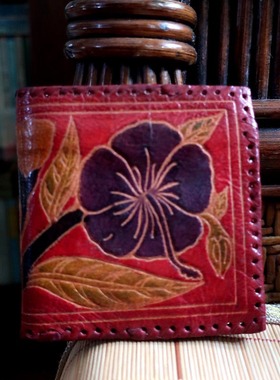 印度产手工立体彩绘红色大丽花植鞣牛皮真皮横款短款钱包原260