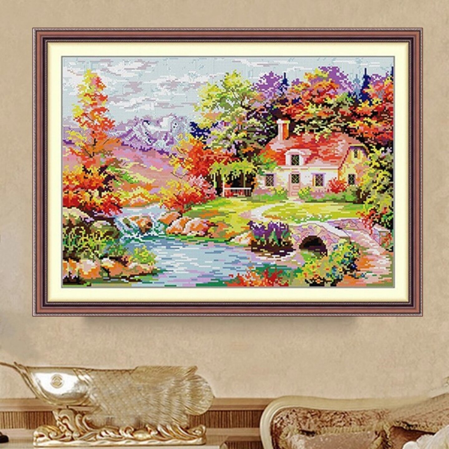 自己绣秋日小屋金色秋天十字绣油画风景2026新款秋景河边小桥流水