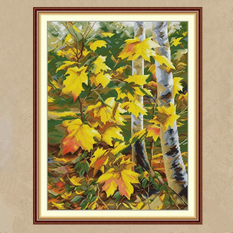 金秋枫叶十字绣秋日金黄的白桦林