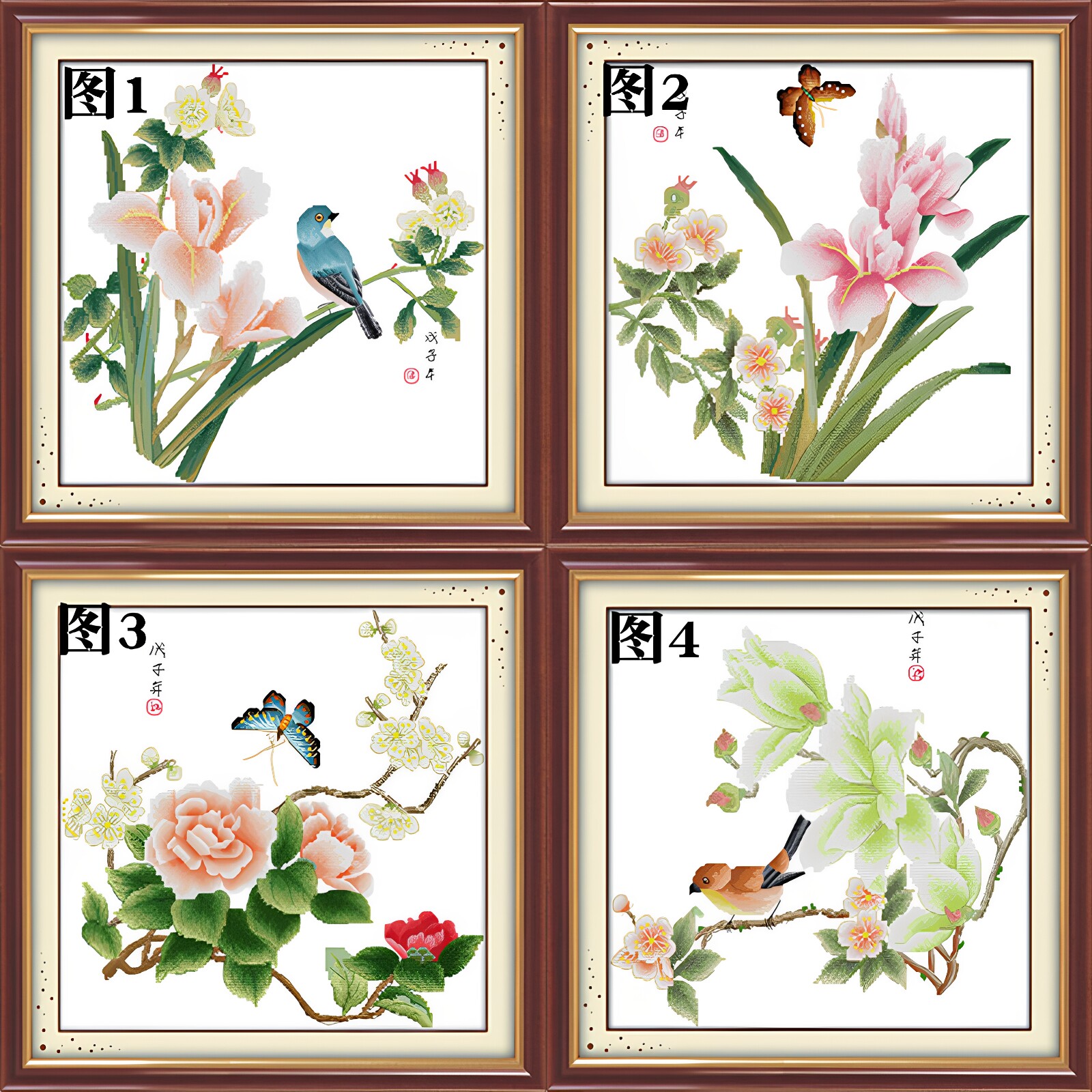 清新兰花牡丹玉兰十字绣花鸟图