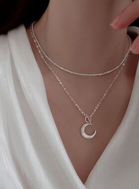颈链闪砂锁骨月亮链小众镀银轻