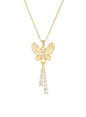 项链不钢女钢猫眼石钛吊坠链设计锁骨钛掉色颈链蝴蝶流苏新款珍珠