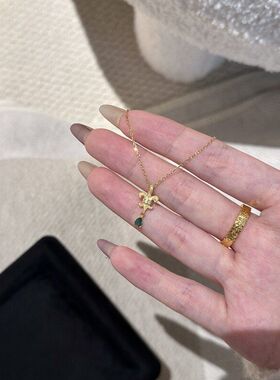 项链轻奢颈链绿金色女轻奢吊坠设计鸢尾花新中式水滴拉丝宫廷风