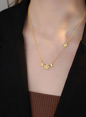 女轻奢蝴蝶不锈钢时尚气质韩版项链锆石吊坠链锁骨通勤网红花朵