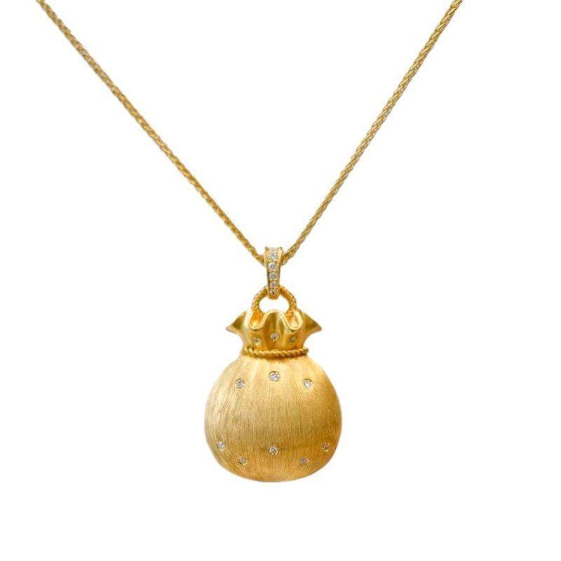 福袋拉丝吊坠女饰品轻奢锁骨镶钻锆石古法花丝项链钱袋子链新中式