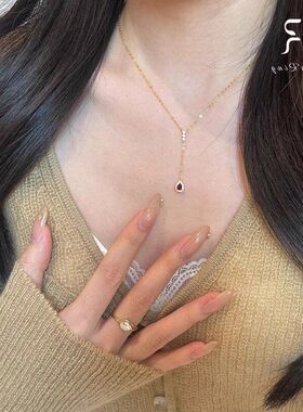 女款红色法式水滴项链高级感配饰
