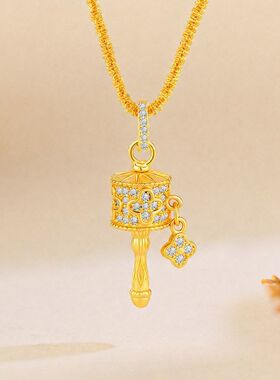 镀金轻奢复古小红书热销锁骨项链18K女四叶草满钻拨浪鼓新中式链
