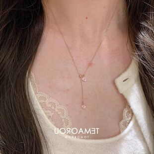 ！双粉金细链超精致闪钻毛衣链抽拉爱心玫瑰项链嗲日系吊坠