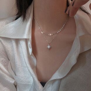 锁骨网红轻奢新款项链月亮潮链星星双层女小众设计感珍珠个性纯银