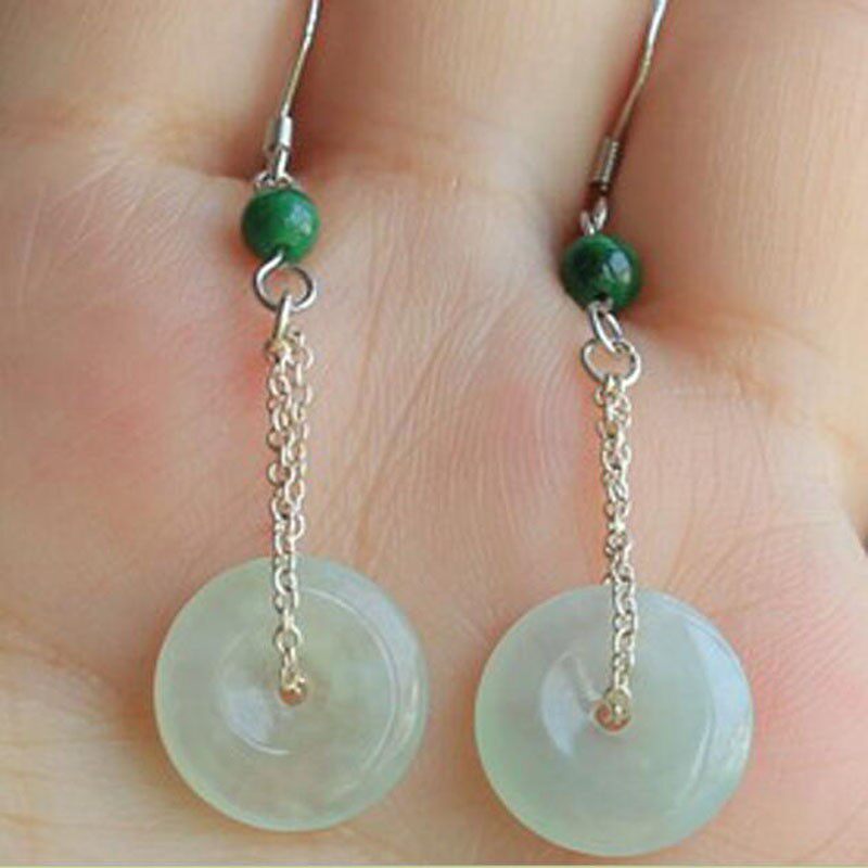 翡翠耳环耳坠A货平安扣耳饰925银镶嵌天然玉石原石圆珠平安环耳线