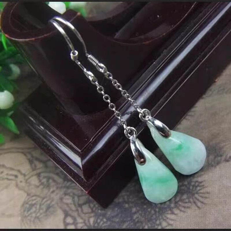 翡翠耳环耳坠缅甸天然玉原石冰种老坑A货925银镶嵌小水滴耳饰耳线