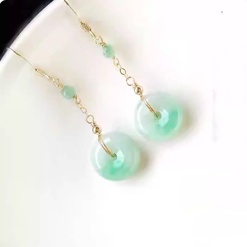 缅甸天然a货翡翠耳环冰种满色正阳绿18k金玉耳坠平安扣玉石耳饰