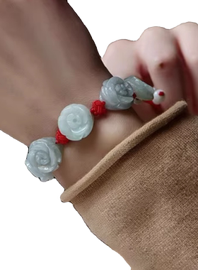 天然翡翠玉花手链 红绳编绳手串 花开富贵玉石手珠A男女款式饰品