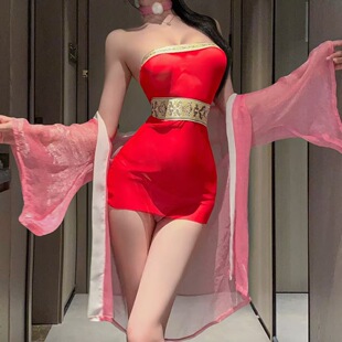 妖狐妲己*性感透视低胸抹胸包臀裙古风汉服魅惑狐妖制服套装