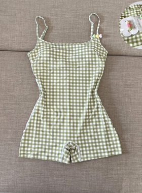 澳洲时尚性感四角连体游泳衣女俏皮复古绿格子带胸垫聚拢海滩度假