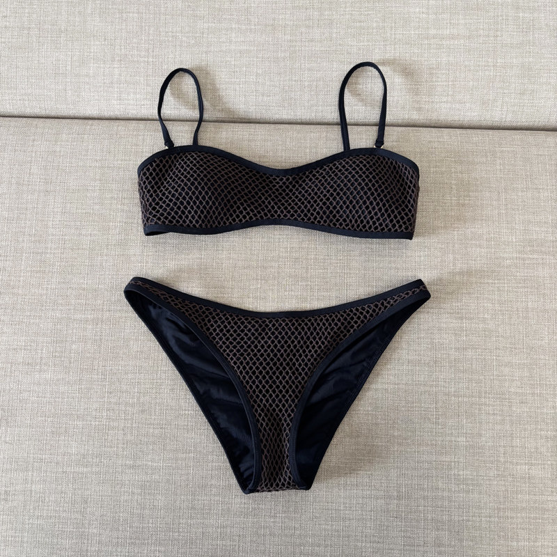 新法式三角比基尼泳衣女黑色网纱透视分体式性感聚拢度假泳衣套装