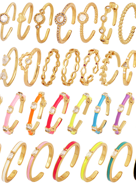 L08B 欧美流行 复古 几何 彩色 锆石 可调节镀金 宽戒指