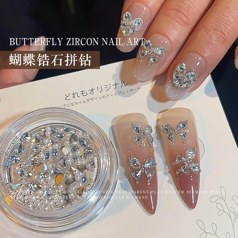 新款美甲饰品蝴蝶拼钻材料包高品爆闪轻奢平底蝴蝶锆石美甲装饰品