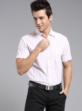 夏装新品品牌折扣短袖衬衫韩版条纹男式短袖衬衣 HEHD0M043