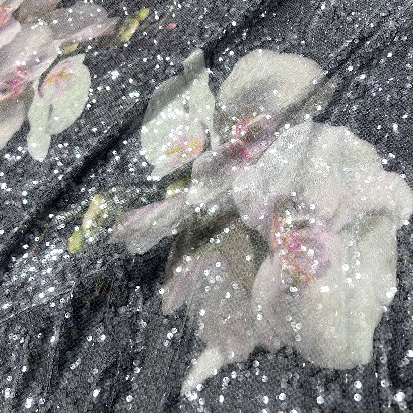 网纱面料 春夏礼服连衣裙 灰色底彩色荷花印染复合网亮片刺绣布料,居家布艺,海绵垫/布料/面料/手工diy,淘宝优惠券,粉丝福利购,淘宝优惠卷