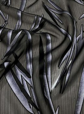 化纤面料 印象初春 黑色银丝色织透明底黑灰色竹叶片剪花布料