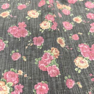 棉麻面料 春夏童装上衣连衣裙 灰色竖条纹色织底彩色碎花印染布料