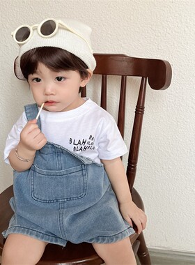 婴幼儿夏装新款牛仔背带裤小童夏季连身衣服白色短袖T恤两件套装