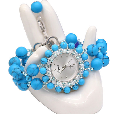 时尚绿松石手链式手表可调节女款石英表水晶串珠腕表夏礼物送女友